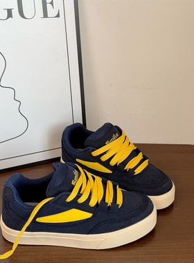 港风黄蓝色情侣鞋子男2025冬季新款厚底百搭板鞋ins潮运动休闲鞋