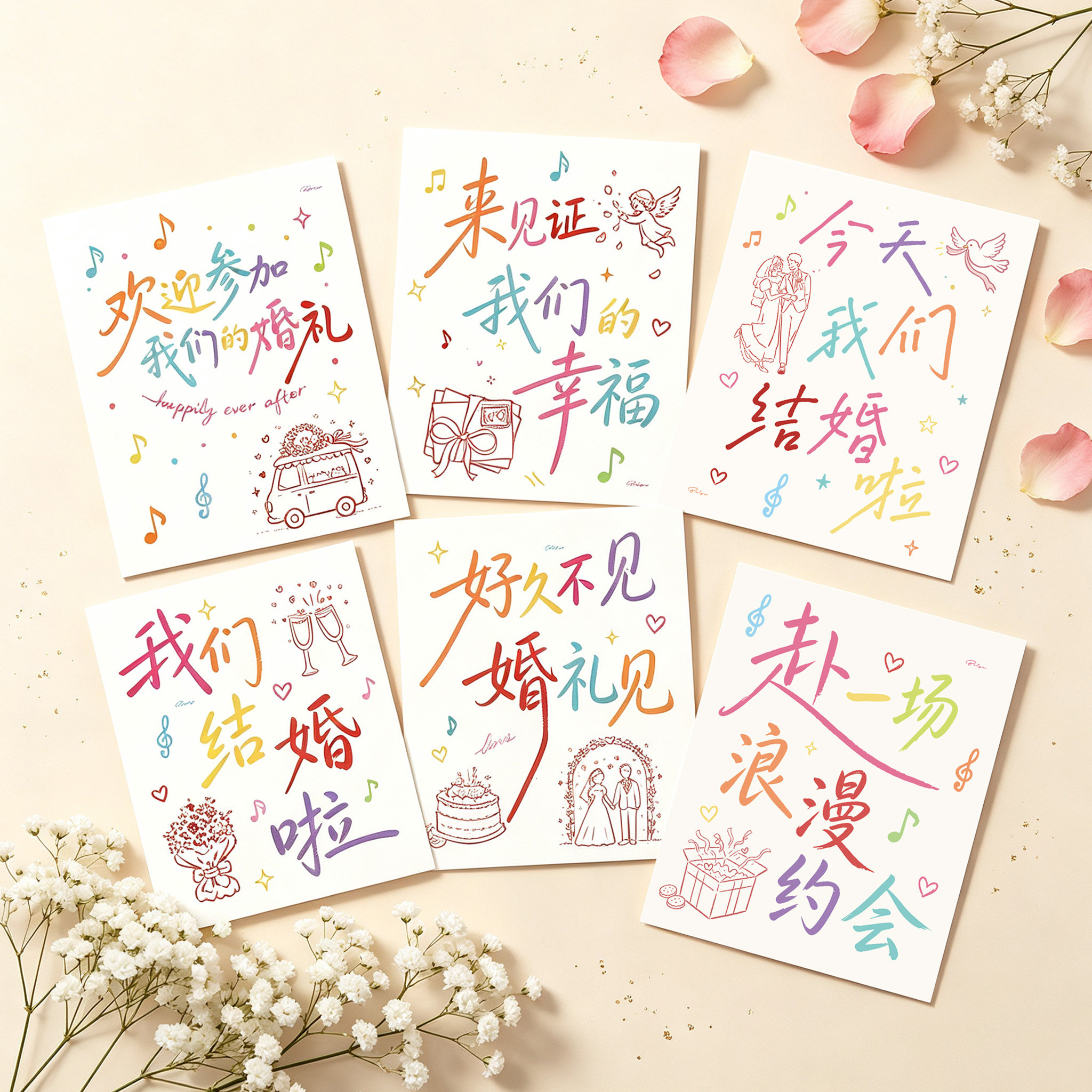 可爱简笔结婚祝福贺卡见证幸福婚礼手绘卡片鲜花装饰留言祝福卡片