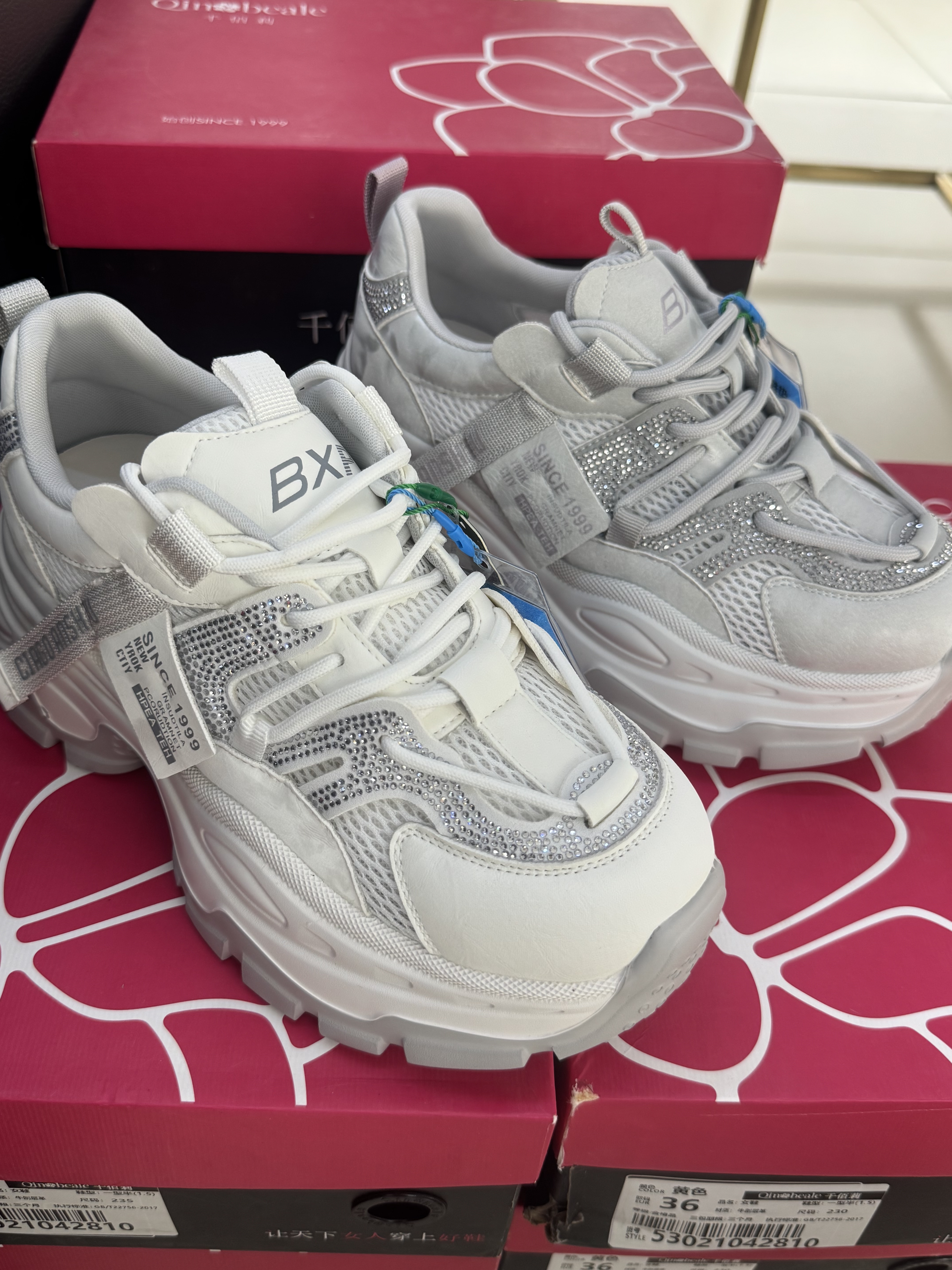 千佰莉新款断码处理真皮厚底水钻老爹鞋女网面透气百搭休闲运动鞋图片