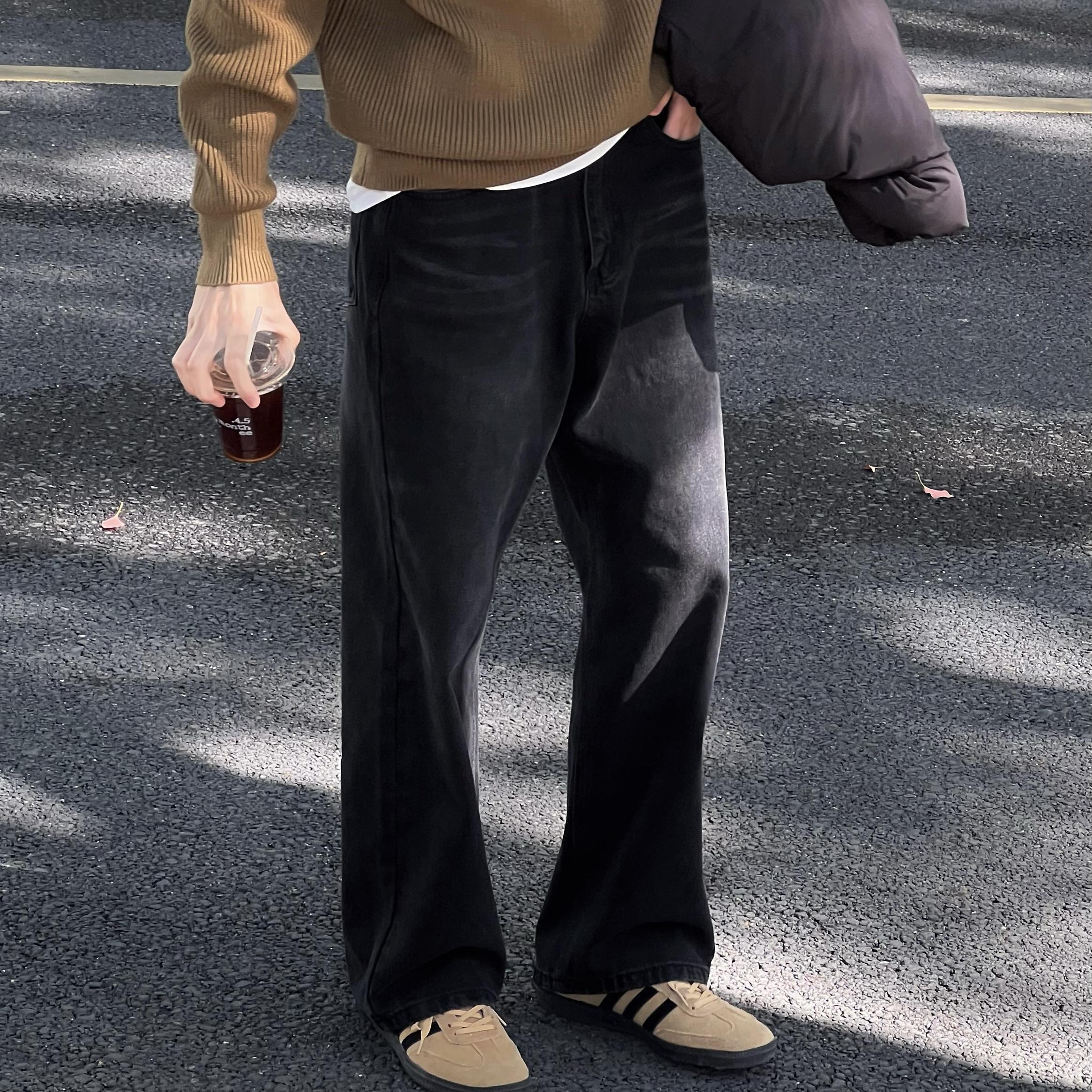 王几又 冬季新款复古水洗黑色牛仔裤男休闲百搭保暖宽松直筒长裤