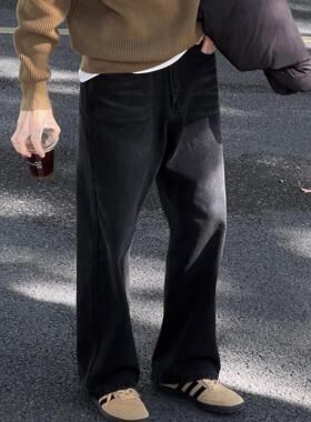 王几又 冬季新款复古水洗黑色牛仔裤男休闲百搭保暖宽松直筒长裤