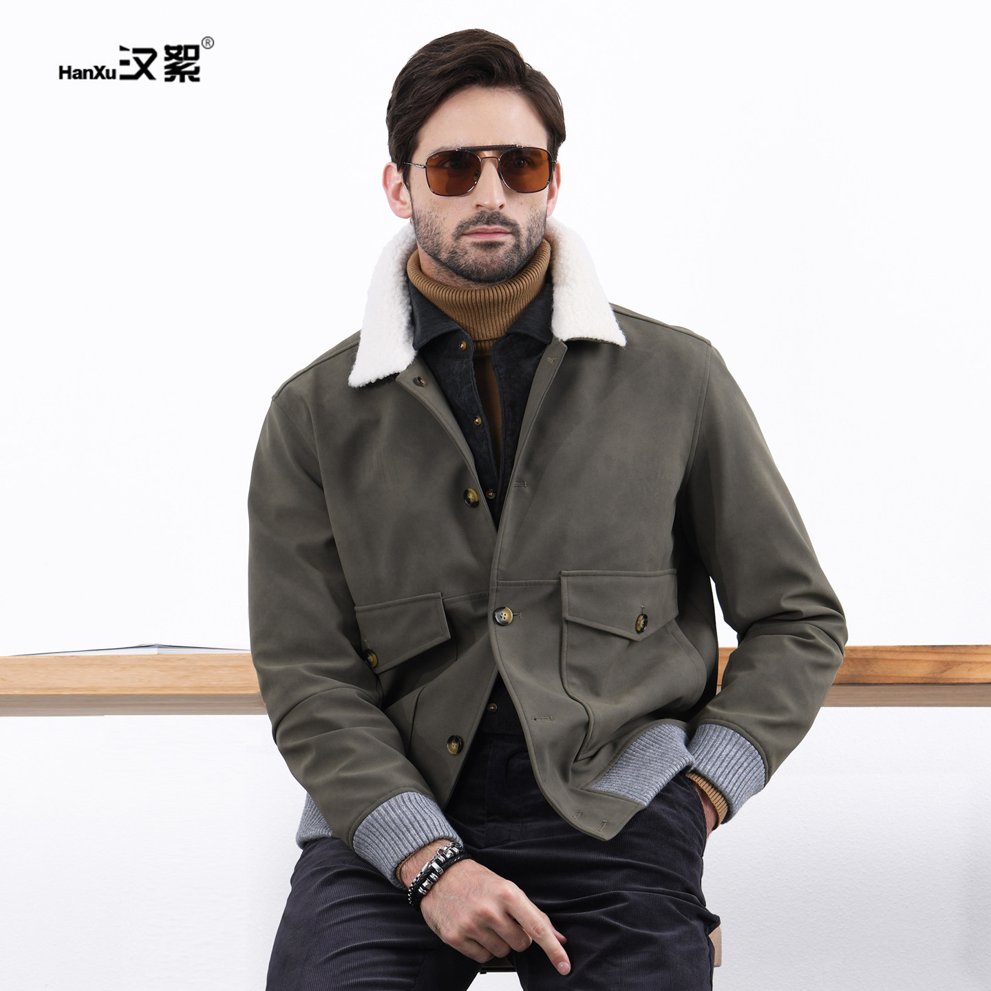 汉絮轻奢绵羊毛领外套男士秋冬季复古绅士短款PU水洗皮飞行员夹克,男装,夹克,淘宝优惠券,粉丝福利购,淘宝优惠卷