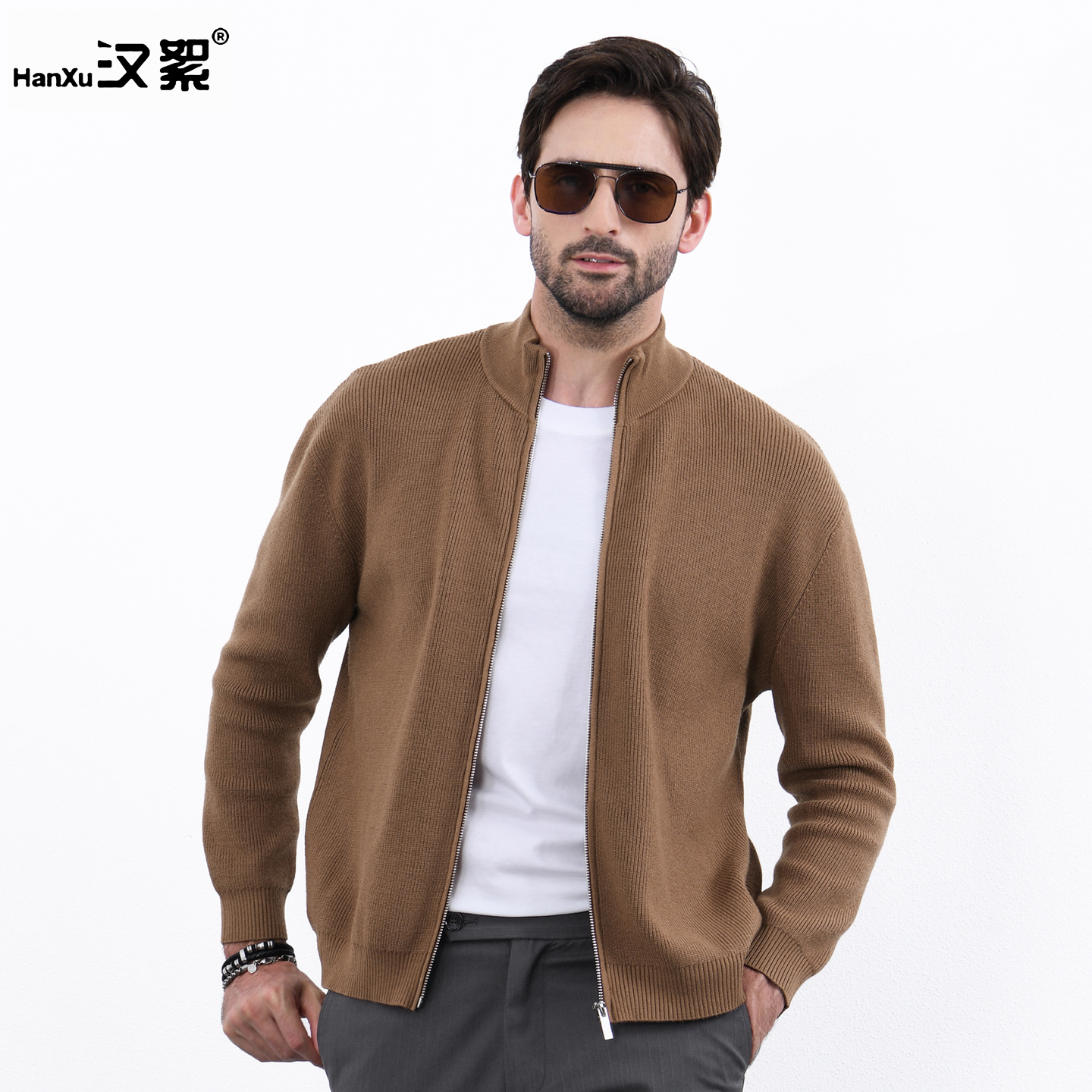 柔糯立领拉链针织开衫毛衣外套