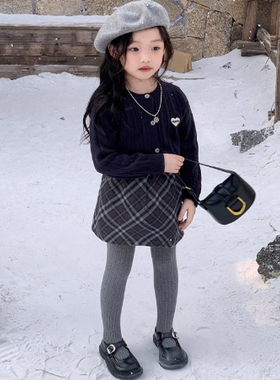 2025秋冬加绒女童百搭灰色格纹呢子短裙半身裙裤小女孩韩版A字裙4