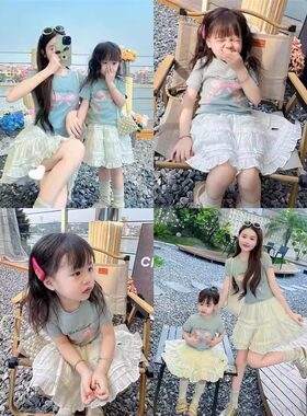 韩版母女装夏季女童亲子装蝴蝶结纯棉T恤短袖上衣白色蛋糕裙2件套