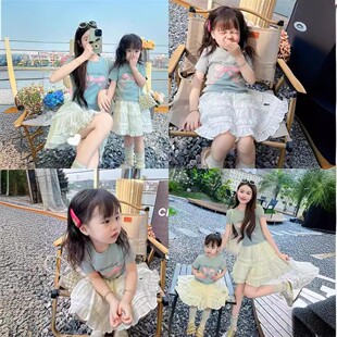 韩版母女装夏季女童亲子装蝴蝶结纯棉T恤短袖上衣白色蛋糕裙2件套
