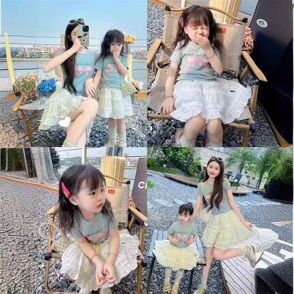 韩版母女装夏季女童亲子装蝴蝶结纯棉T恤短袖上衣白色蛋糕裙2件套