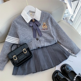 女童春装2025新款儿童JK学院风制服套装白衬衣短裙开衫中大童套装