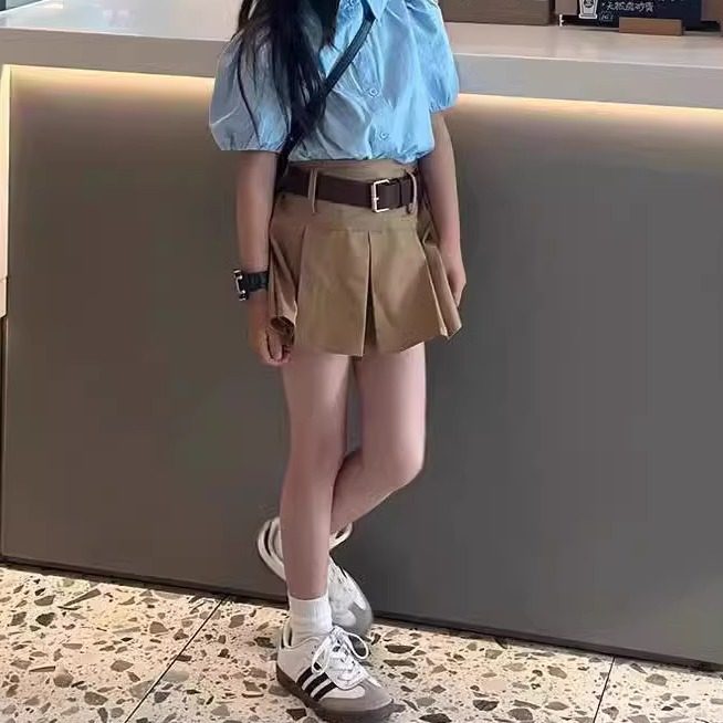 女童春夏新款童裙小女孩半身裙韩版松紧腰百褶裙咖色短裙裤送腰带图片