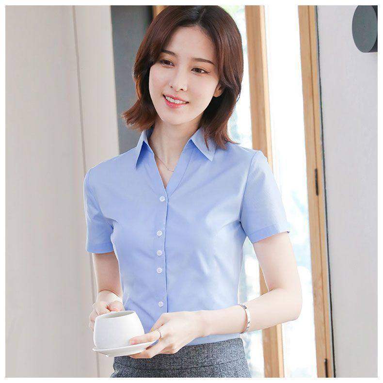 蓝色雪纺衬衫女秋商务女装夏季长袖短袖面试白衬衣职业正装上衣ol