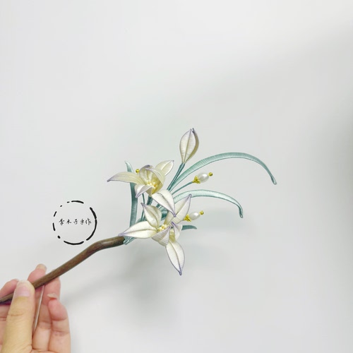 原创缠花成品绿檀木发簪日常发饰兰花发钗百搭手工头饰古风汉服