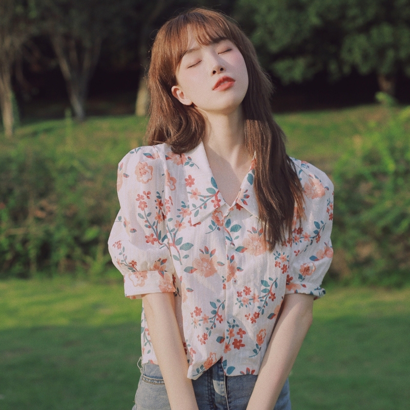 泡泡袖碎花POLO領襯衫上衣ins女潮設計感小眾溫柔風法式復古氣