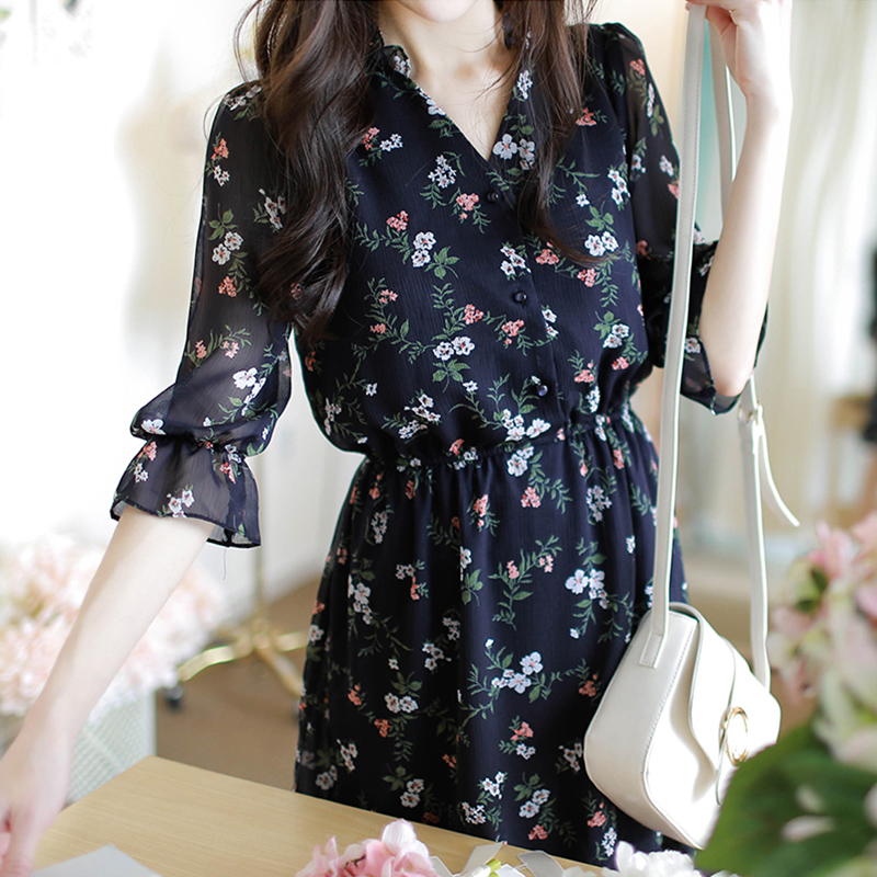 2021 summer new Korean version temperament show thin fat sister show thin large women's dress fat mm Floral Chiffon Dress