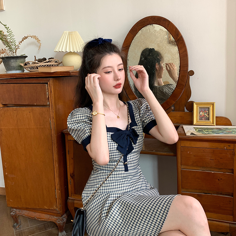 大碼女裝式復古格子連衣裙胖妹妹夏初戀蝴蝶結方領桔梗裙