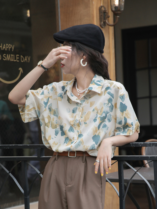 Jet lag casual printed shirt women's summer short sleeve Hong Kong style retro chic shirt