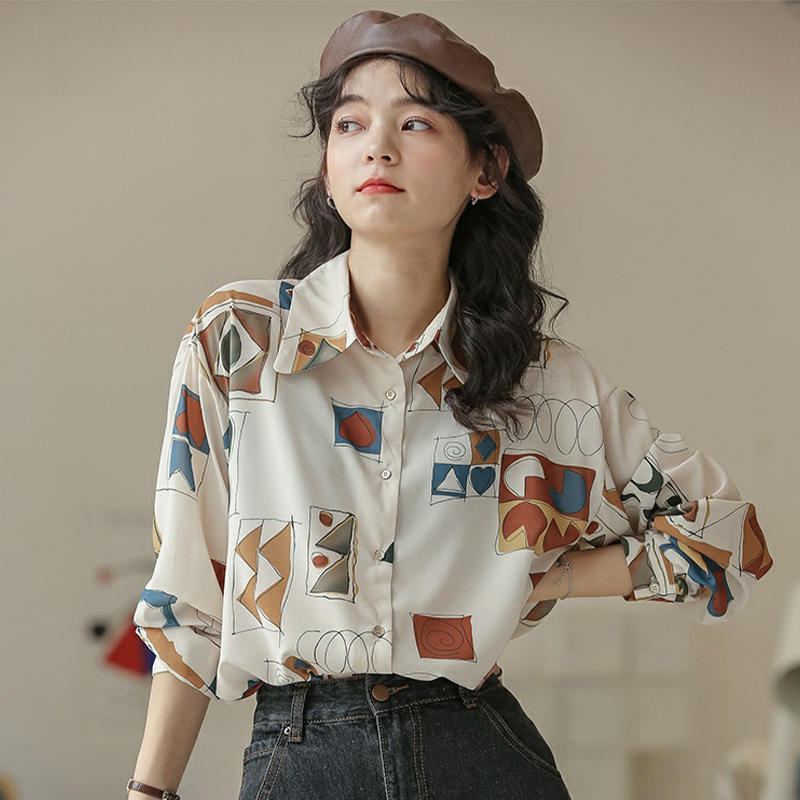 Design sense retro printing loose long sleeve shirt women's new casual shirt thin jacket
