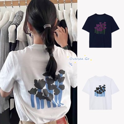 背后花卉印花圆领短袖T恤上衣女