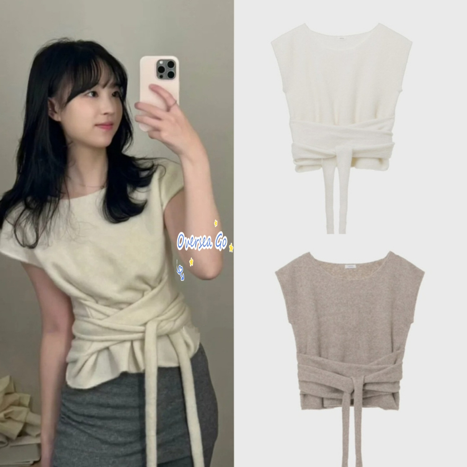 纯色时尚绑带设计内搭短袖针织衫