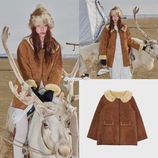 现货 freckle 25秋冬新款 复古羊羔毛麂皮刺绣皮毛一体外套女