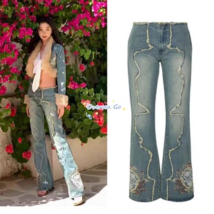 现货Jaded London26新款辣妹显瘦复古毛边刺绣做旧直筒牛仔长裤女