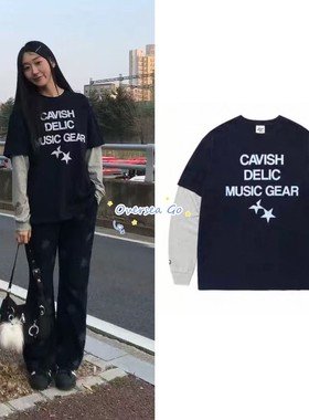 现货韩国Cavish 26早春新款休闲星星字母印花拼色假两件长袖T恤女