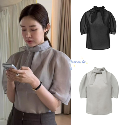 现货 AMOMENTO 2025新款 车静媛同款气质薄款纯色领结短袖衬衫女