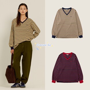 现货 sienne 朴秀荣JOY同款条纹字母刺绣宽松V领长袖卫衣打底衫女