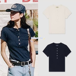 现货 Urbanic30 章若楠 凯特同款 纽扣亨利领修身短袖T恤上衣女