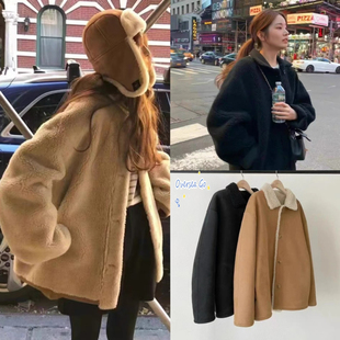 现货 ounce 2024冬季新款 韩系复古翻领两面穿羊羔毛皮毛一体外套