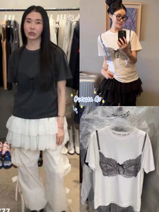 现货 Helder 24新款 韩国小众立体蕾丝蝴蝶结文胸印花休闲短袖T恤