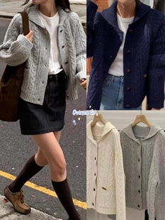 现货 overtake 2024秋冬新款 复古麻花宽松翻领针织开衫毛衣女