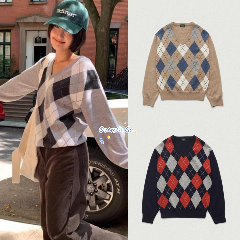 菱格针织衫套头V领学院风