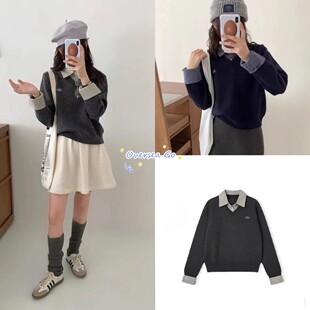 现货 韩国The barnnet八奶学院风叠穿假两件格子衬衫针织衫毛衣女