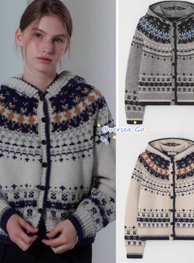 现货urago 25新款费尔岛复古百搭提花羊毛连帽毛衣针织开衫外套女