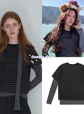 现货 Nocontent 杨超越同款休闲百搭条纹波点假两件长袖T恤上衣女