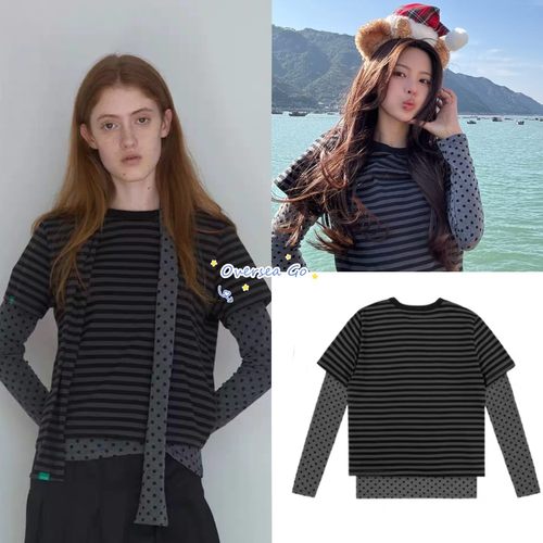 杨超越同款条纹假两件长袖T恤女