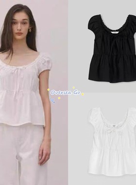 现货ELBORN 2025新款纯色法式蕾丝花边U领系带泡泡短袖衬衫上衣女