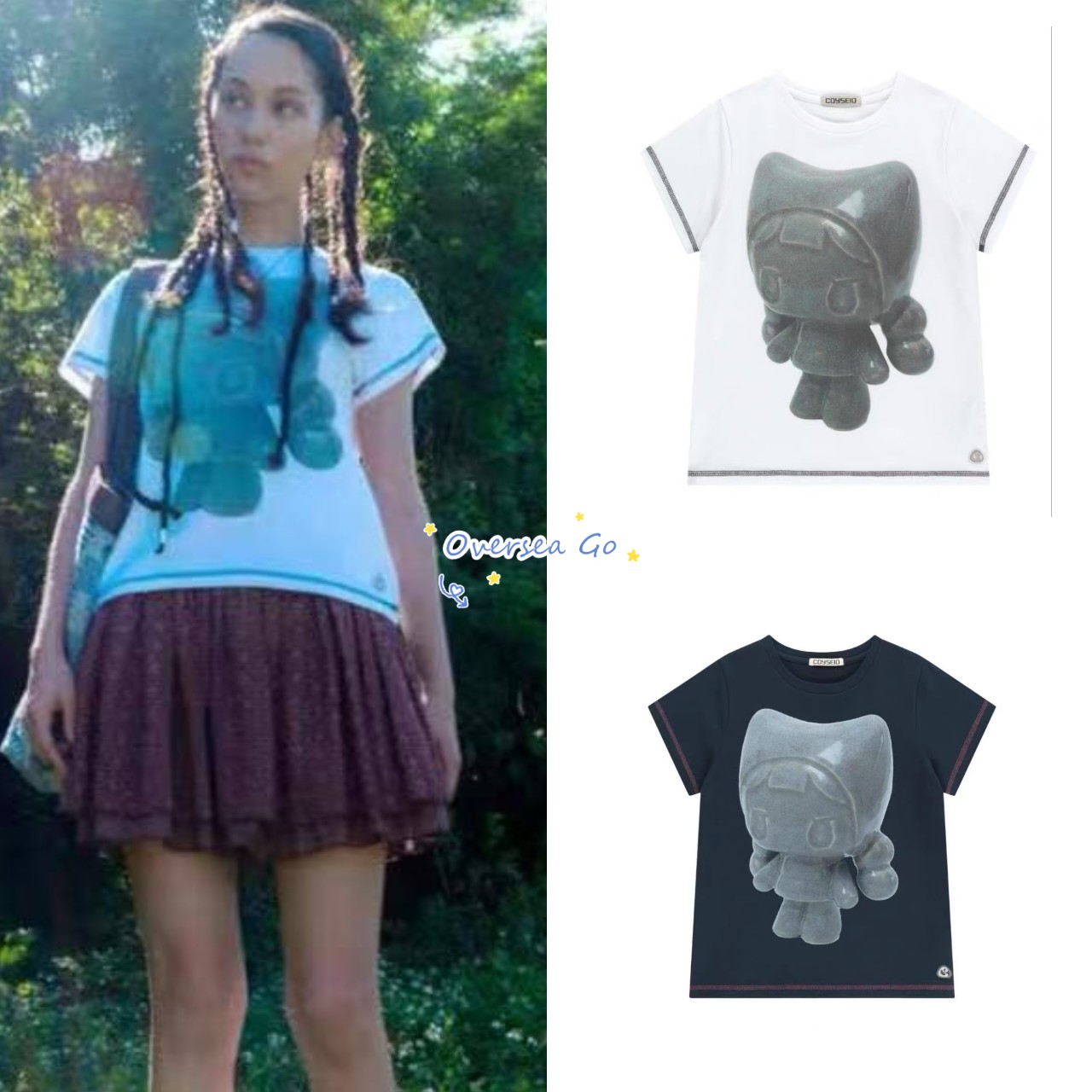 现货 coyseio 2025夏季新款可爱卡通少女印花绗线边圆领短袖T恤女