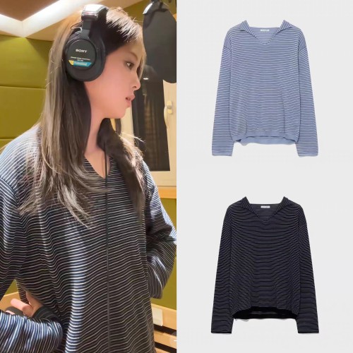 现韩国 low classic 欧阳娜娜同款针织衫V领条纹长袖t恤上衣女