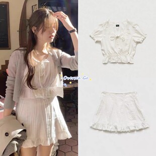 现货 the barnnet 八奶白色短袖衬衫+减龄A字裙蕾丝花边半身裙女