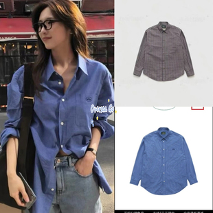 现货 the barnnet 2025新款 八奶宽松休闲翻领蓝色格子长袖衬衫女