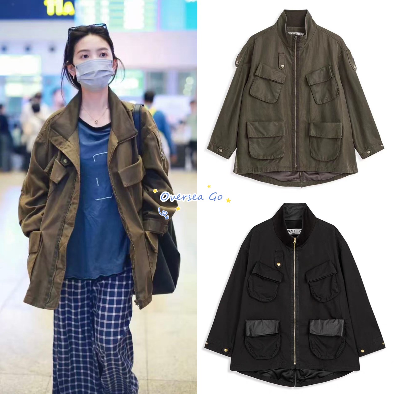 现货 open yy 章若楠同款 复古做旧多口袋宽松休闲工装夹克外套女