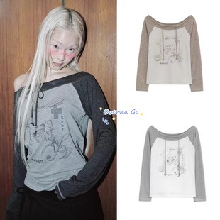 在途现货韩国hugyourskin 插画系带一字肩露肩拼色休闲长袖t恤女