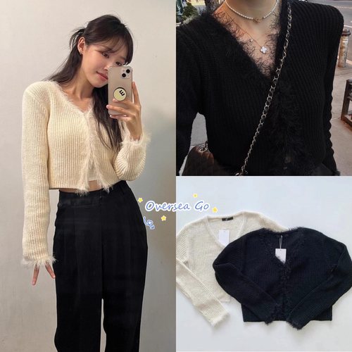 diagonalV领毛绒边针织开衫毛衣