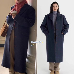 折扣现货 lerobe 2024新款 复古翻领单排扣中长款毛呢大衣外套女