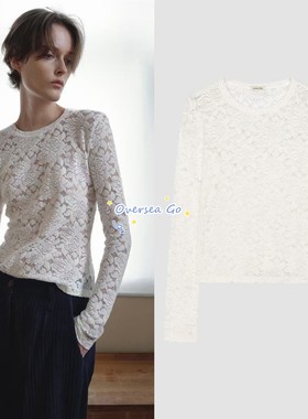 现货 overdue flair 2025秋冬新款  蕾丝花朵圆领长袖T恤打底衫女