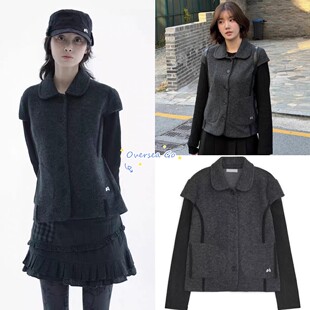 现货韩国hugyourskin 权恩妃同款时尚毛呢假两件娃娃领夹克外套女