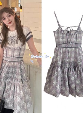 现货 seooocookie 2025夏季新款 爱普莉尔蕾丝格纹吊带连衣裙女