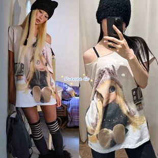 现货秒发 coyseio 26新款 松弛感复古娃娃印花斜领短袖T恤上衣女