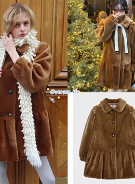 现货秒发 sinoon 2025冬季新款圣诞风公主肩泡泡袖皮草大衣外套女